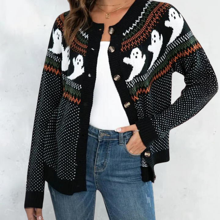 Halloween Cardigan Womens Ghost Fair Isle Knit Button Front Crew Neck - image 5
