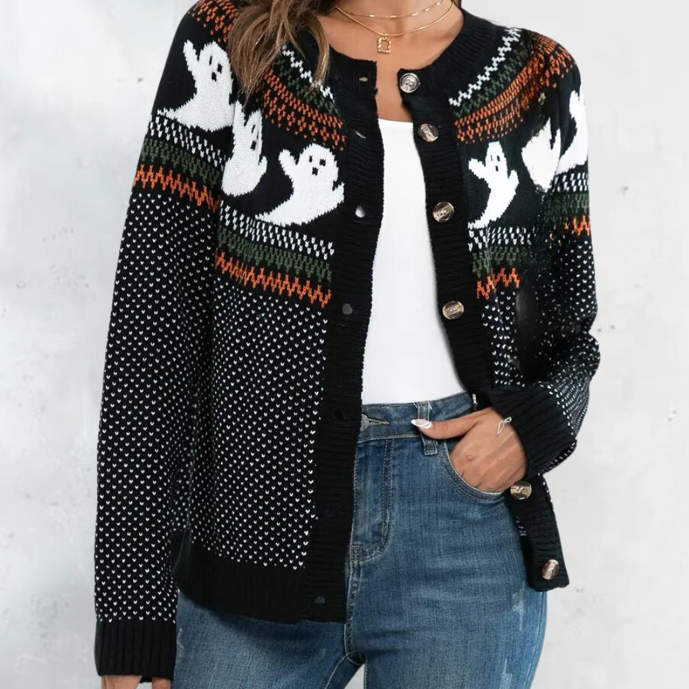 Halloween Cardigan Womens Ghost Fair Isle Knit Button Front Crew Neck - image 6