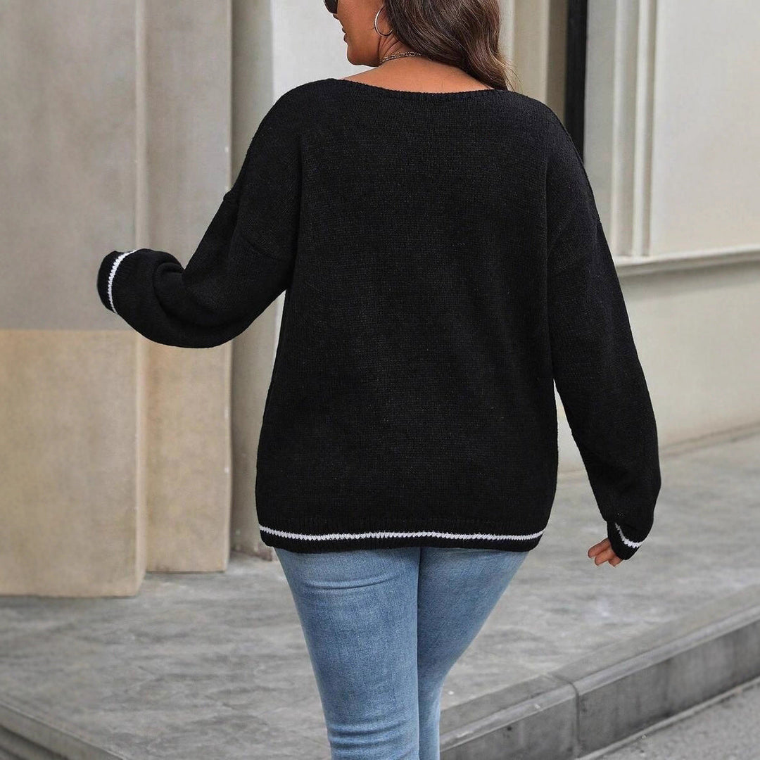 Ghost Jumper Womens Halloween V Neck Knit Striped Trim Relaxed Fit - image 2