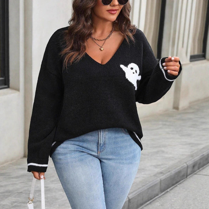 Ghost Jumper Womens Halloween V Neck Knit Striped Trim Relaxed Fit - image 1