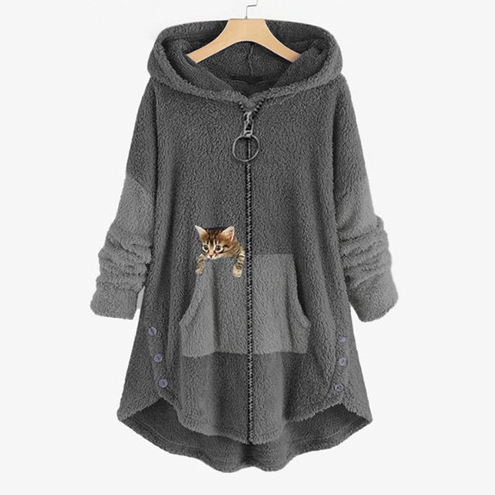 Cat Hoodie Womens Zip Up Embroidered Pocket Curved Hem - image 1