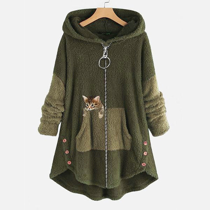 Cat Hoodie Womens Zip Up Embroidered Pocket Curved Hem - image 2