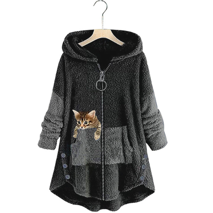 Cat Hoodie Womens Zip Up Embroidered Pocket Curved Hem - image 3