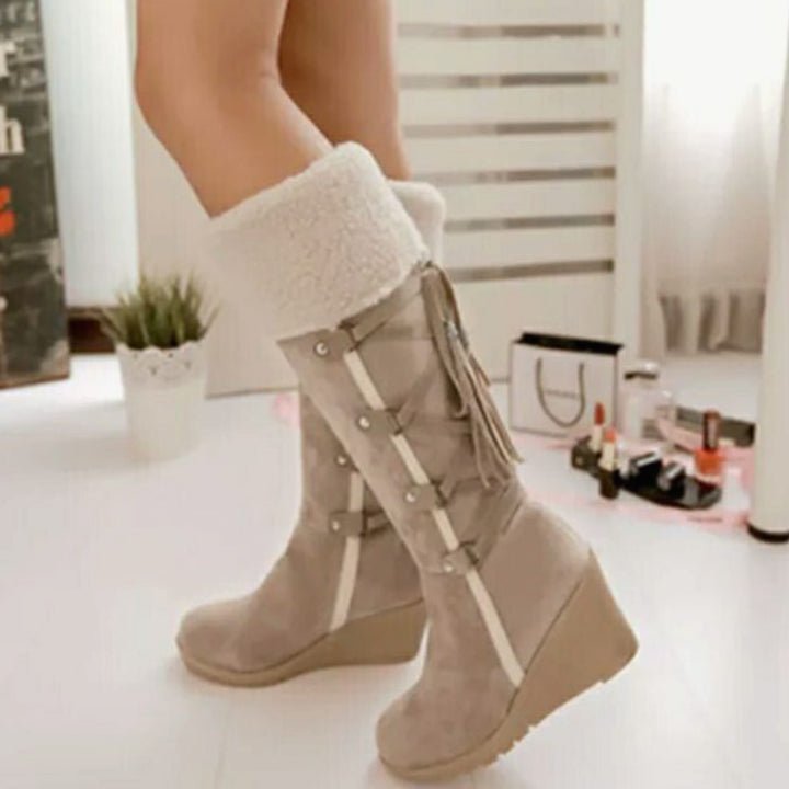 Wedge Knee High Boots Womens Winter Fold Over Cuff Tassel - image 1