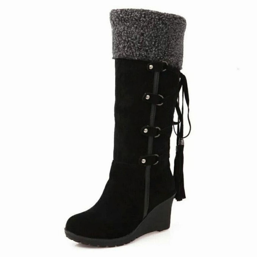 Wedge Knee High Boots Womens Winter Fold Over Cuff Tassel - image 2