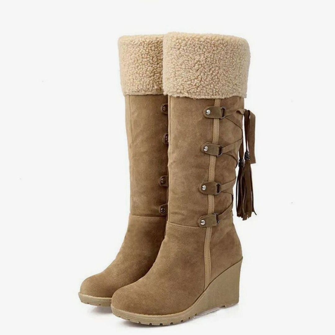 Wedge Knee High Boots Womens Winter Fold Over Cuff Tassel - image 3