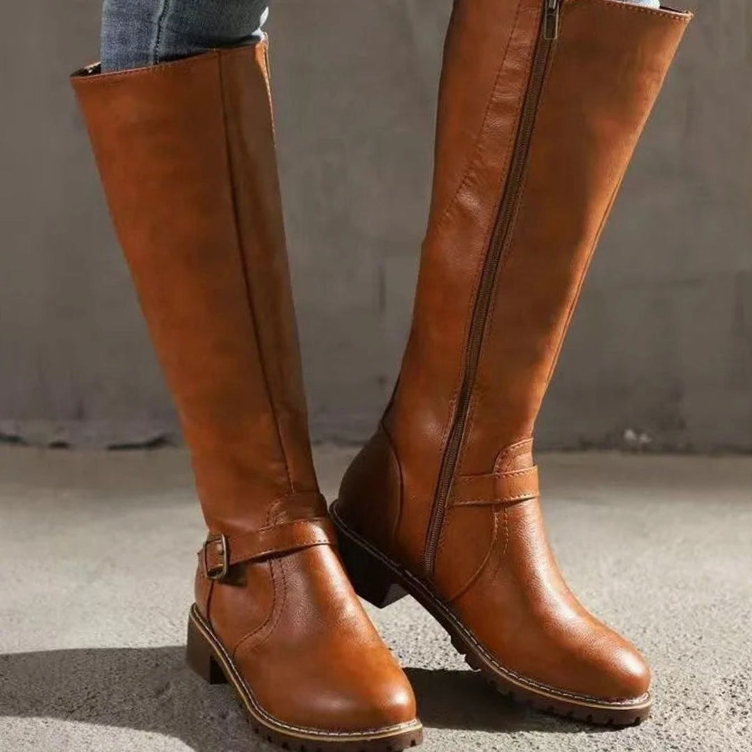 Knee High Boots Womens Block Heel Buckle Strap Lug Sole - image 1