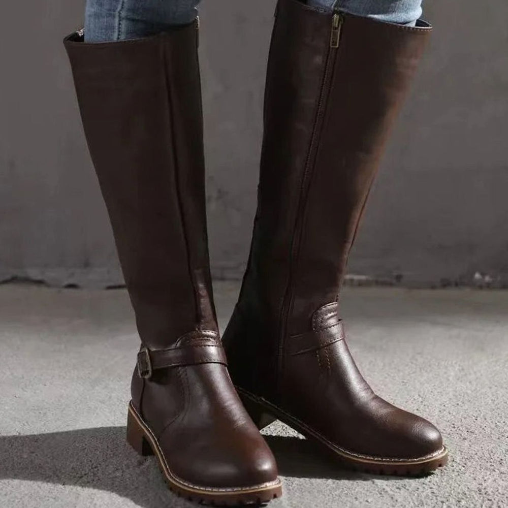Knee High Boots Womens Block Heel Buckle Strap Lug Sole - image 2