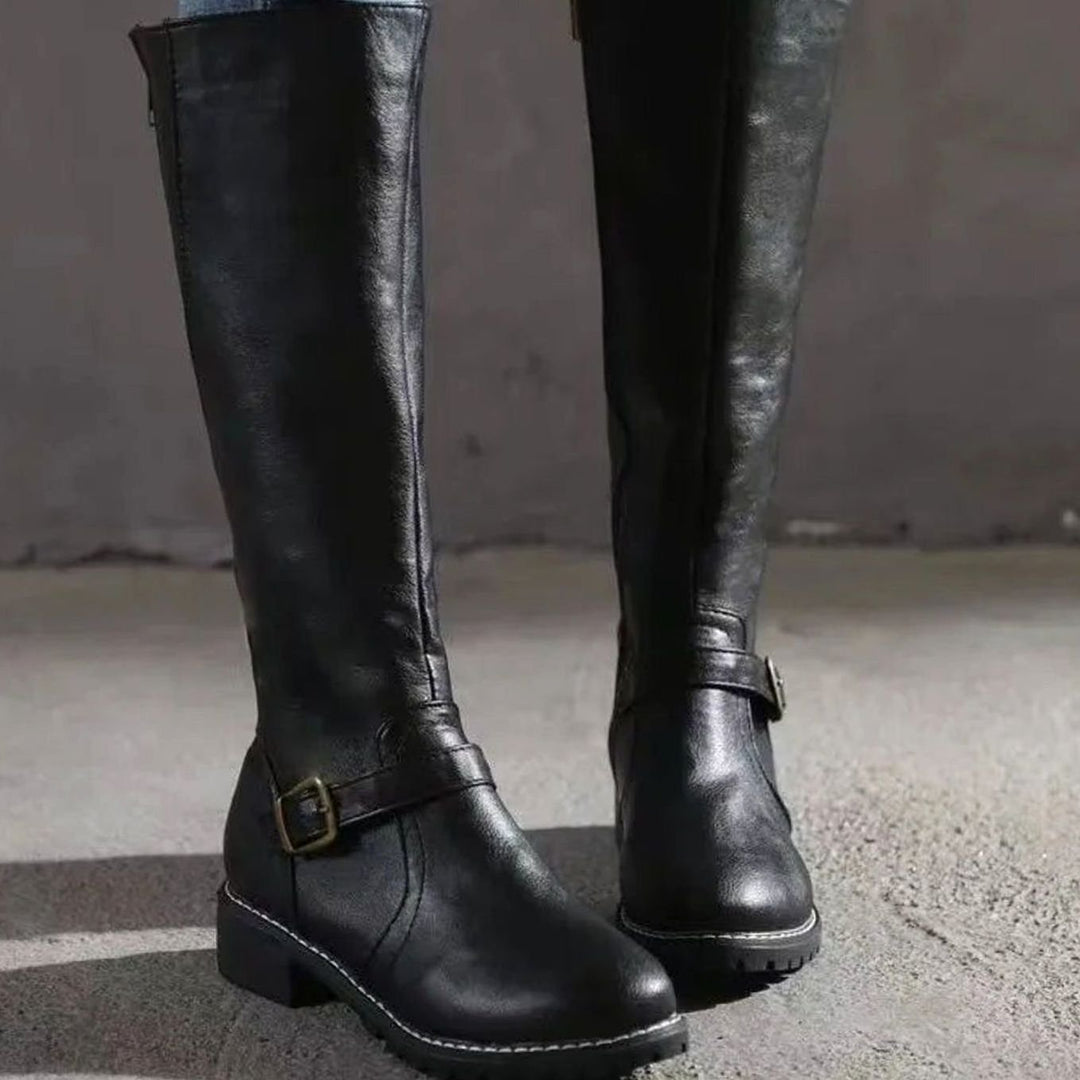 Knee High Boots Womens Block Heel Buckle Strap Lug Sole - image 3