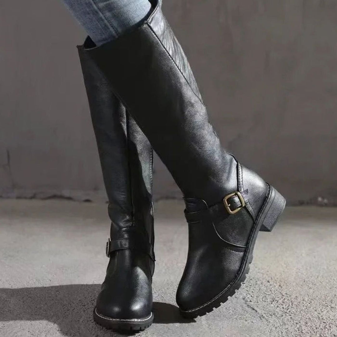 Knee High Boots Womens Block Heel Buckle Strap Lug Sole - image 4
