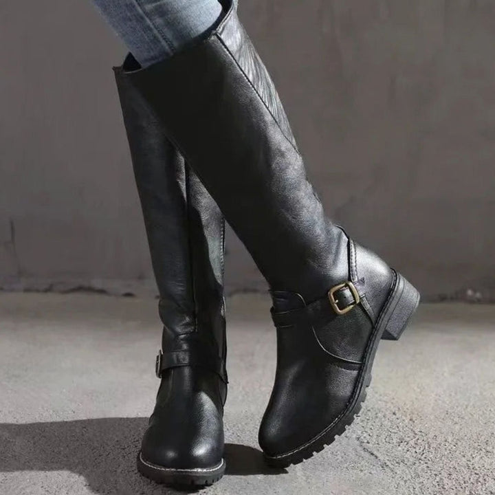 Knee High Boots Womens Block Heel Buckle Strap Lug Sole - image 4