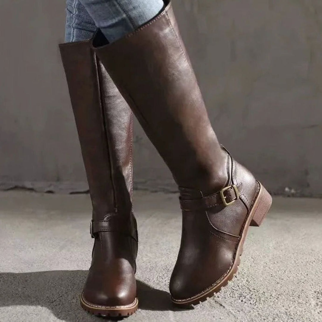Knee High Boots Womens Block Heel Buckle Strap Lug Sole - image 5