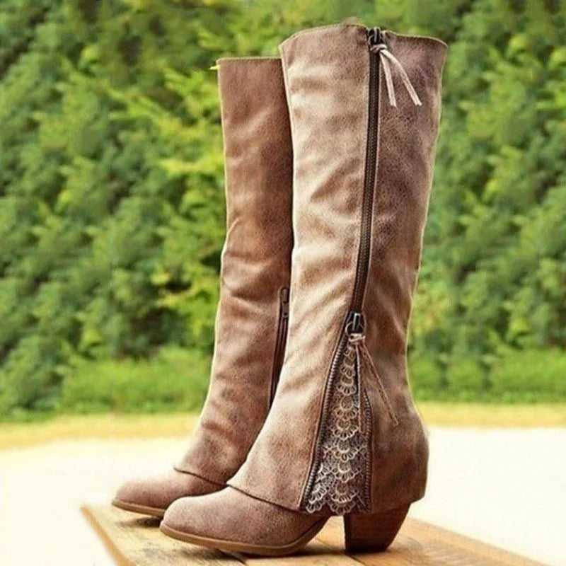 Knee High Boots Womens Block Heel Side Zip Lace Detail - image 2