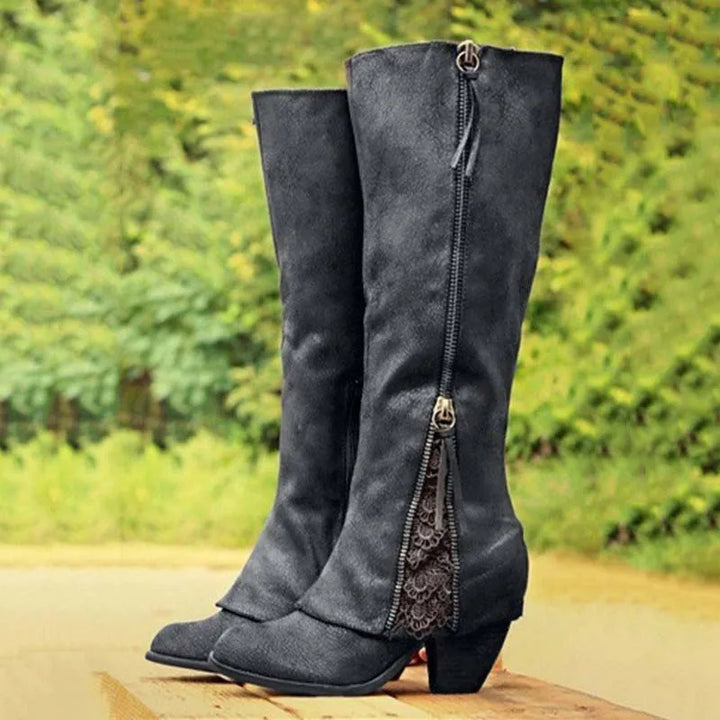 Knee High Boots Womens Block Heel Side Zip Lace Detail - image 3