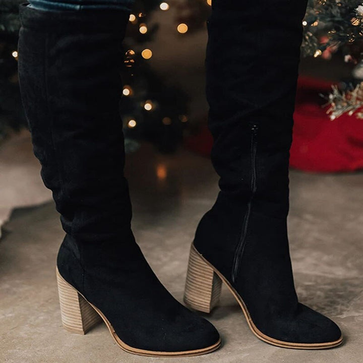 Knee High Boots Womens Block Heel Slouch Suede Effect Side Zip - image 1