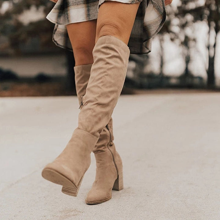 Knee High Boots Womens Block Heel Slouch Suede Effect Side Zip - image 2