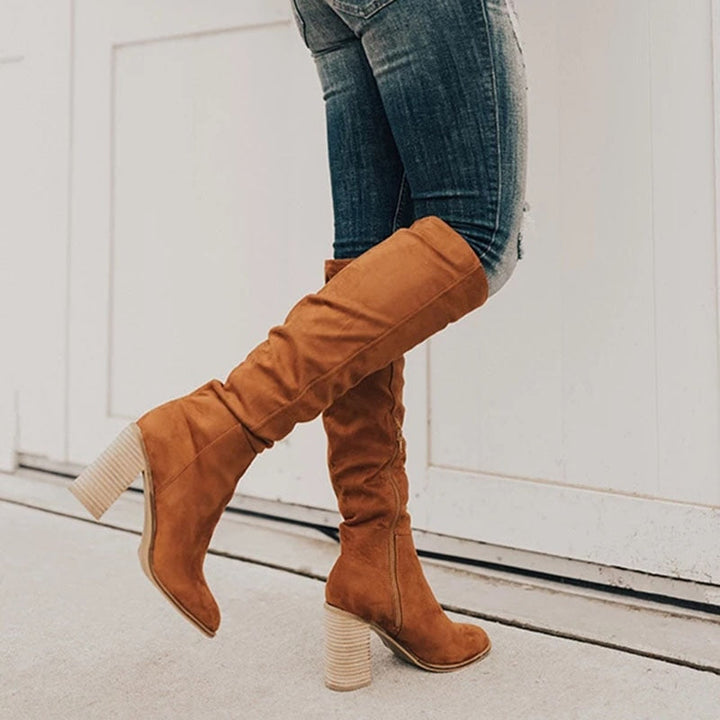 Knee High Boots Womens Block Heel Slouch Suede Effect Side Zip - image 3