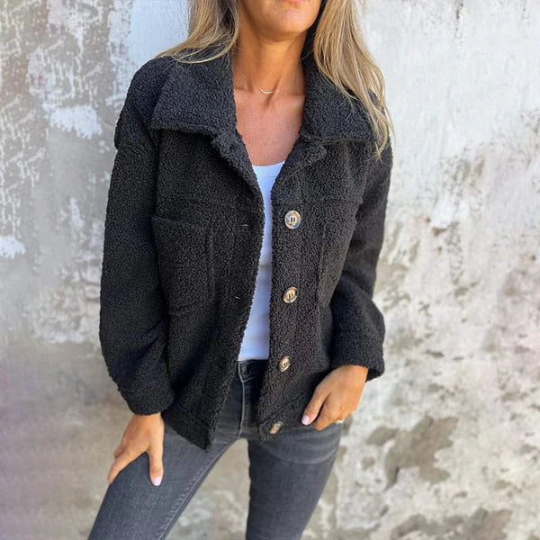 Teddy Shacket Womens Short Jacket Notch Collar Button Front Pockets - image 2