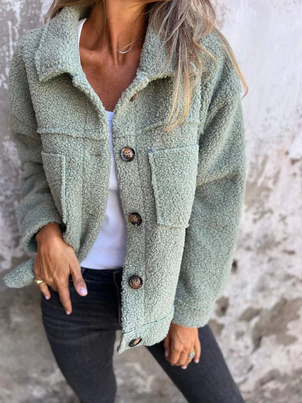 Teddy Shacket Womens Short Jacket Notch Collar Button Front Pockets - image 4