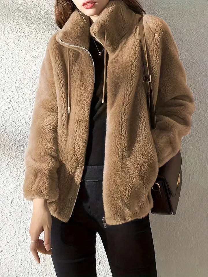 Fleece Jacket Womens Cropped Stand Collar Zip Front Boxy - image 1