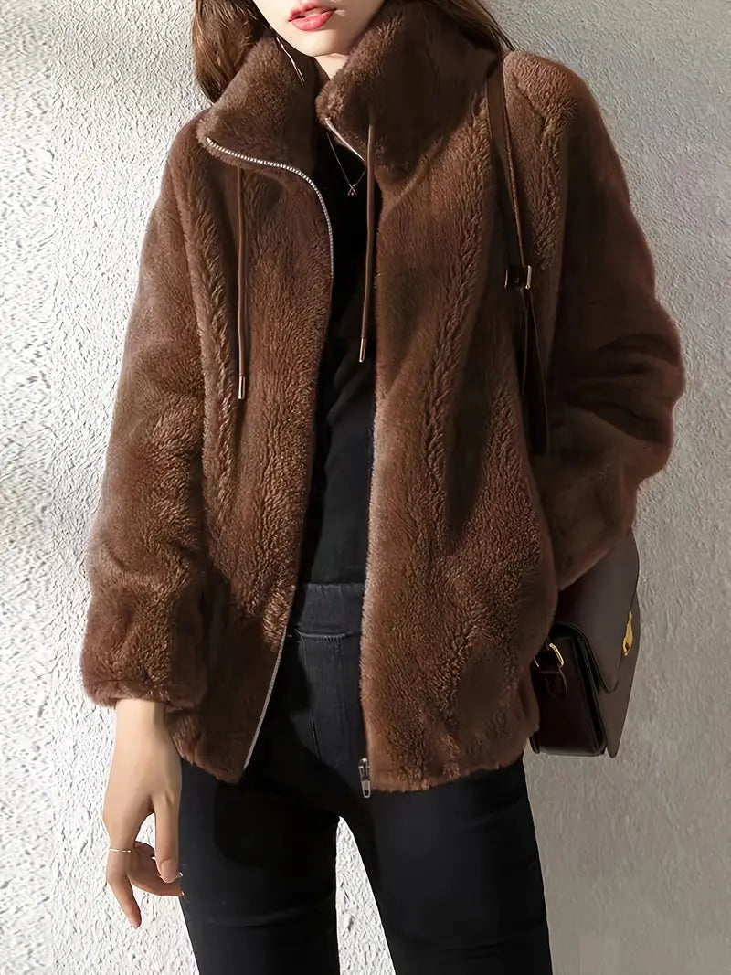 Fleece Jacket Womens Cropped Stand Collar Zip Front Boxy - image 2