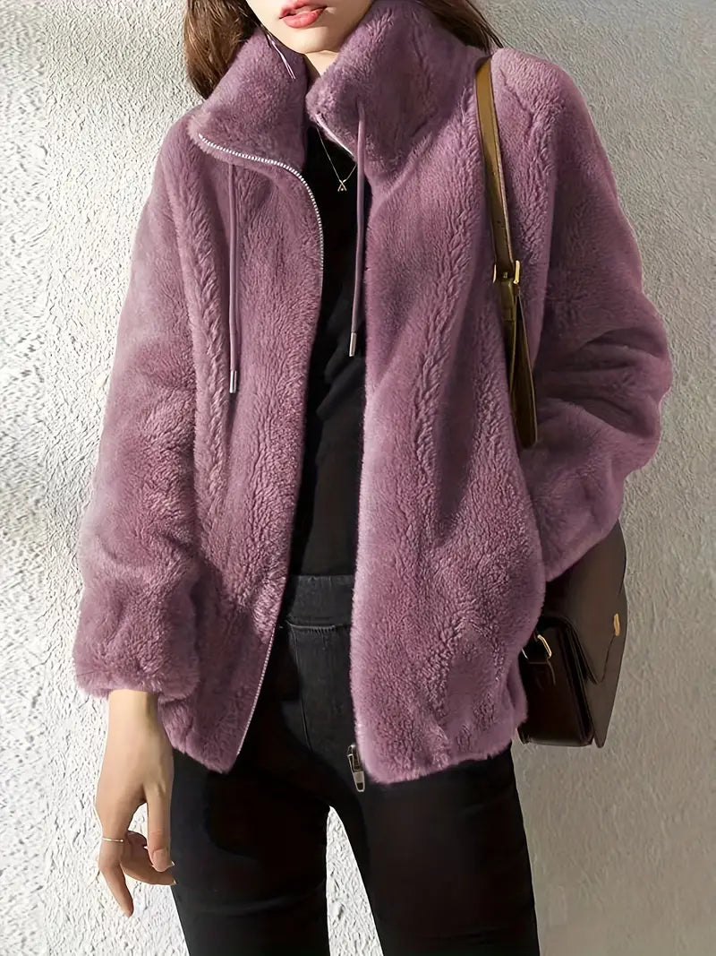 Fleece Jacket Womens Cropped Stand Collar Zip Front Boxy - image 3