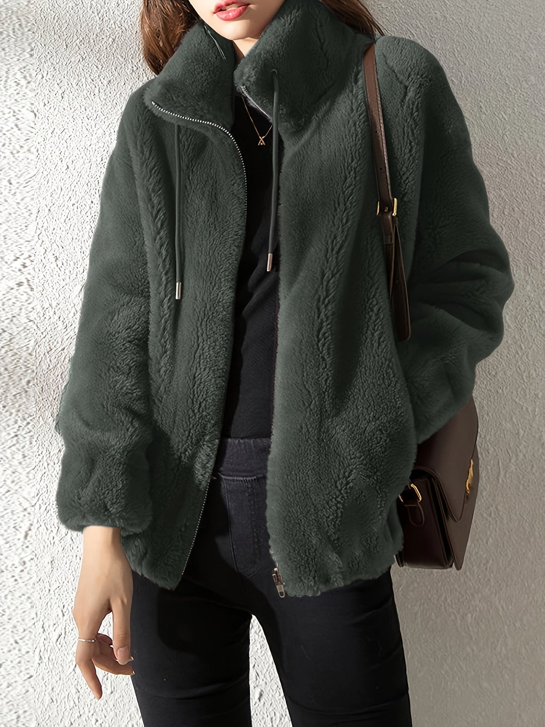 Fleece Jacket Womens Cropped Stand Collar Zip Front Boxy - image 6