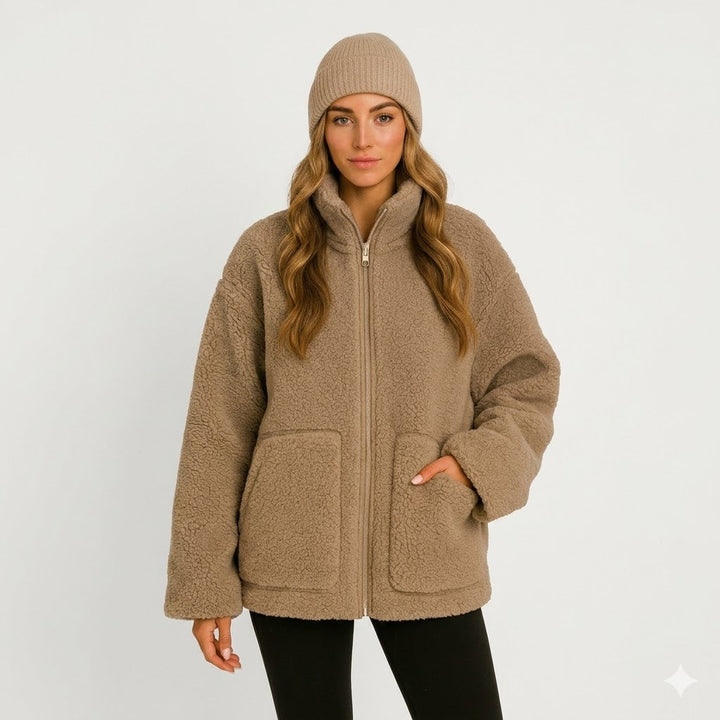 High Neck Fleece Jacket Womens Sherpa Zip Up Boxy Fit Patch Pockets - image 1