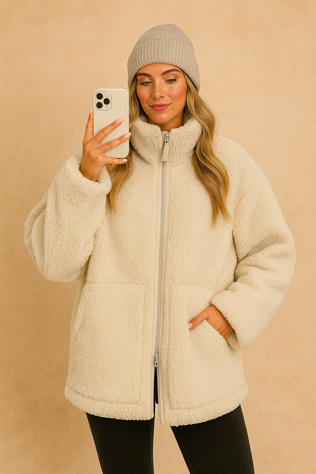 High Neck Fleece Jacket Womens Sherpa Zip Up Boxy Fit Patch Pockets - image 2