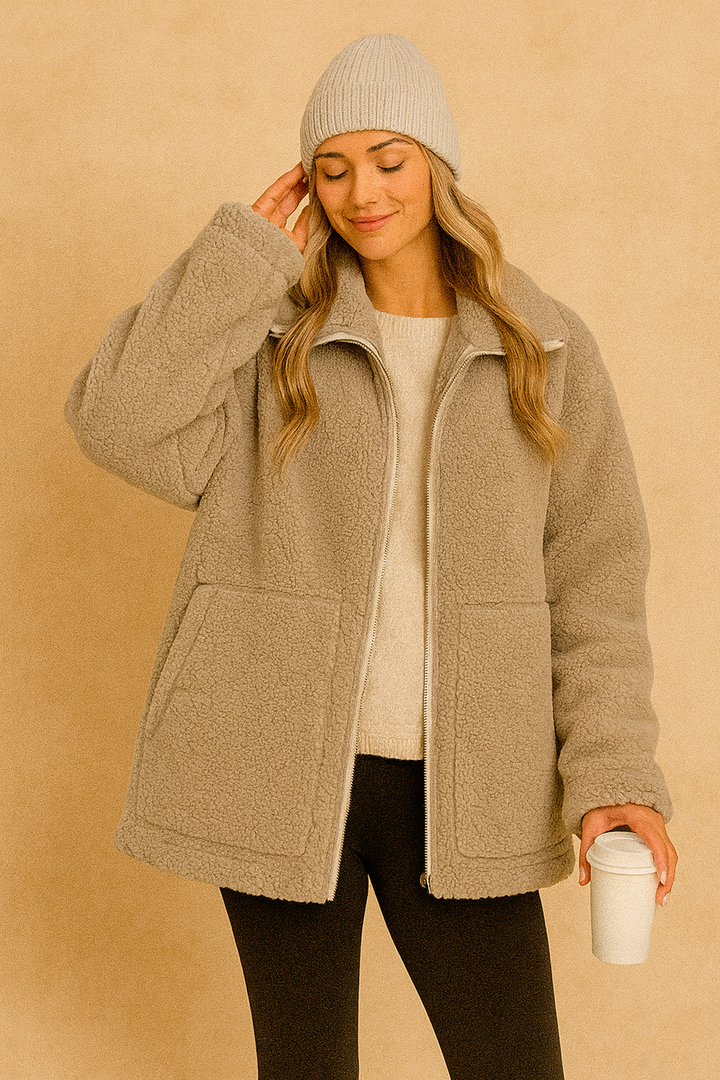 High Neck Fleece Jacket Womens Sherpa Zip Up Boxy Fit Patch Pockets - image 4