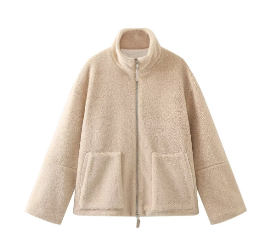 Teddy Fleece Jacket Womens High Collar Zip Front Pockets - image 1