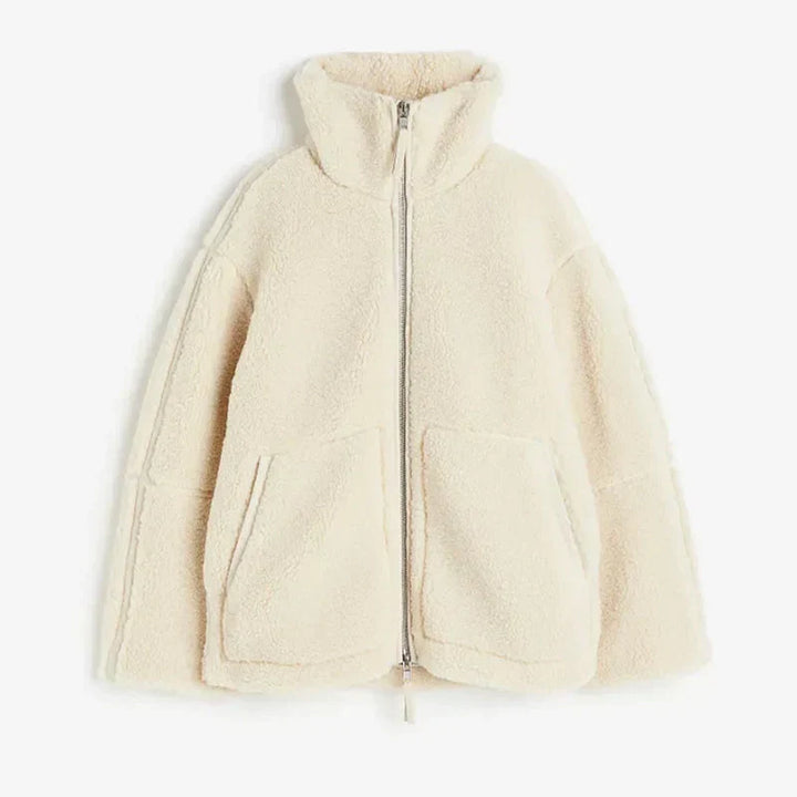 Teddy Fleece Jacket Womens High Collar Zip Front Pockets - image 2