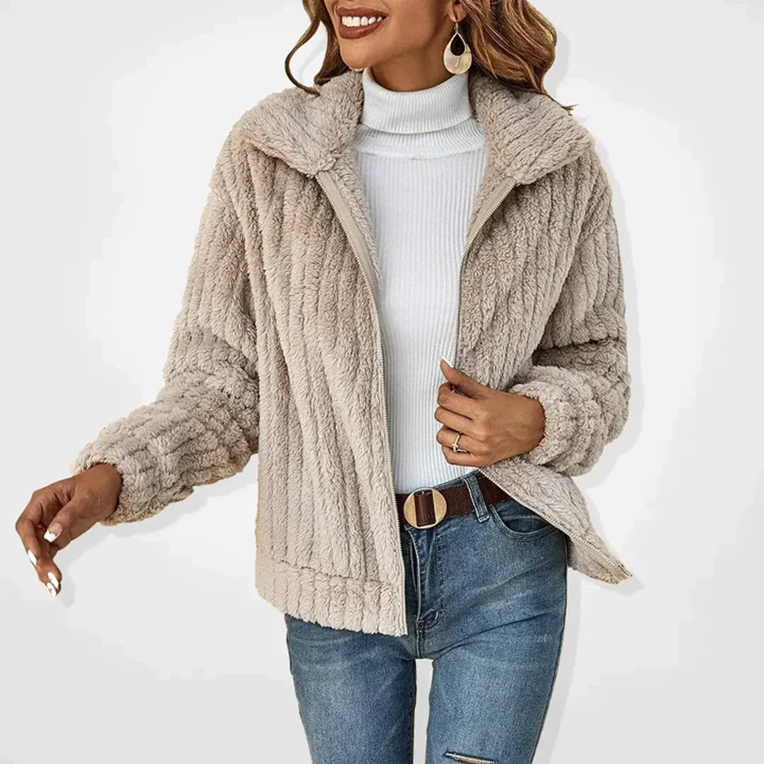 Teddy Jacket Womens Zip Up Ribbed Fleece Lapel Collar Relaxed Fit - image 1
