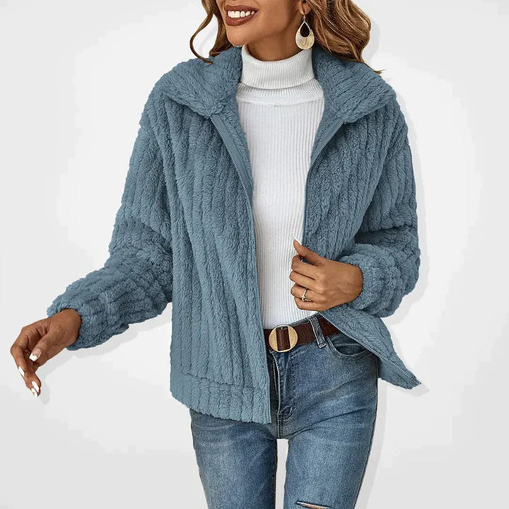 Teddy Jacket Womens Zip Up Ribbed Fleece Lapel Collar Relaxed Fit - image 2