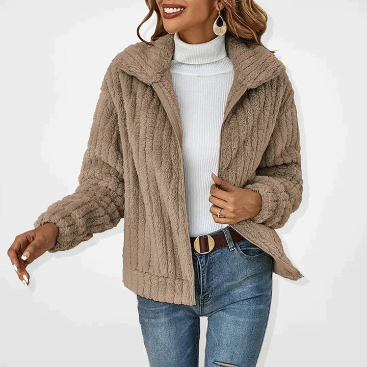 Teddy Jacket Womens Zip Up Ribbed Fleece Lapel Collar Relaxed Fit - image 3