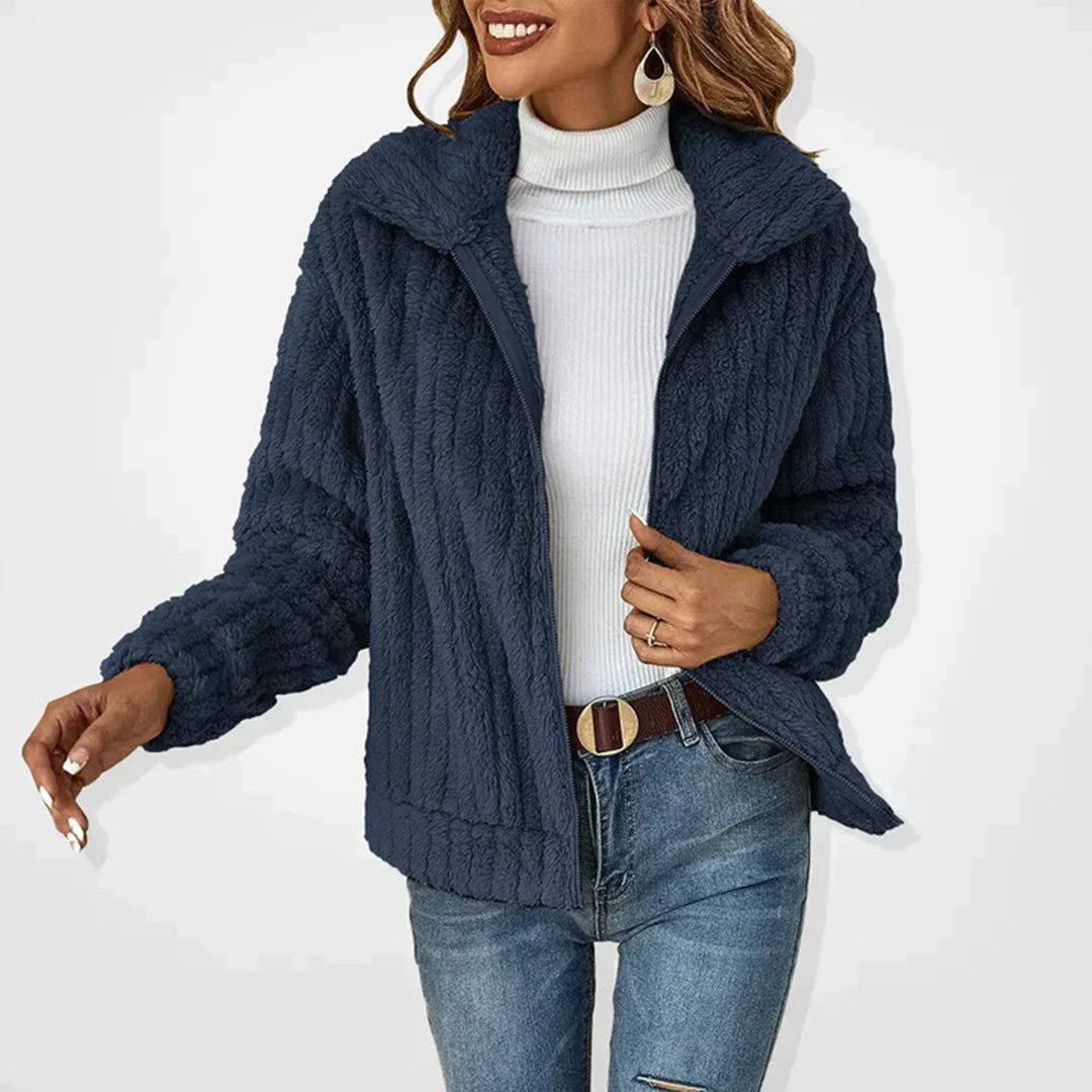 Teddy Jacket Womens Zip Up Ribbed Fleece Lapel Collar Relaxed Fit - image 4