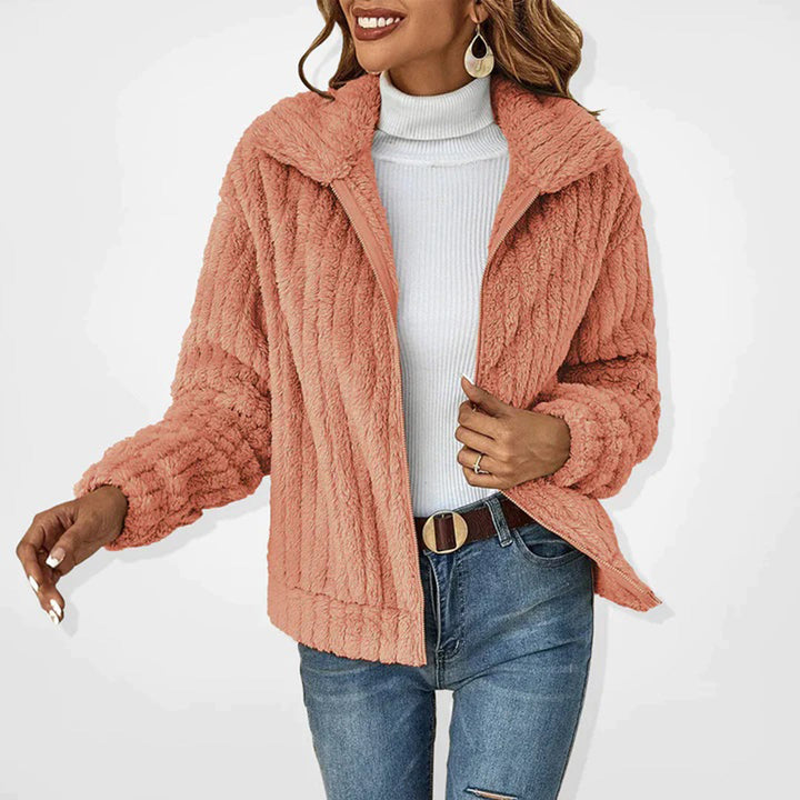 Teddy Jacket Womens Zip Up Ribbed Fleece Lapel Collar Relaxed Fit - image 5