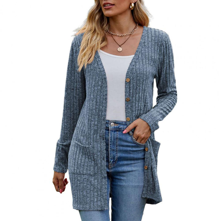 Longline Cardigan Womens Ribbed Knit Button Front Patch Pockets - image 1
