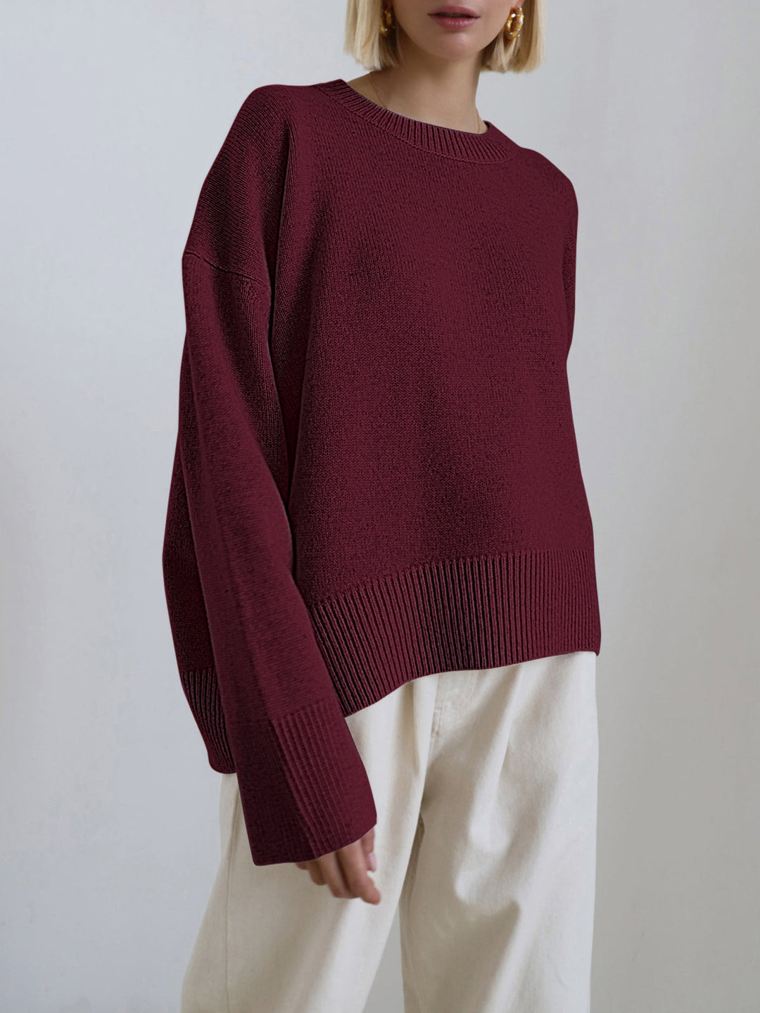 Oversized Jumper Womens Ribbed Knit Crew Neck Dropped Shoulder One Size - image 5