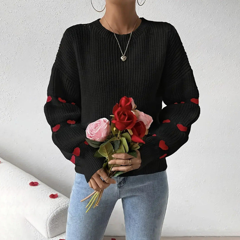 Heart Jumper Womens Ribbed Knit Crew Neck Flared Cuffs - image 1