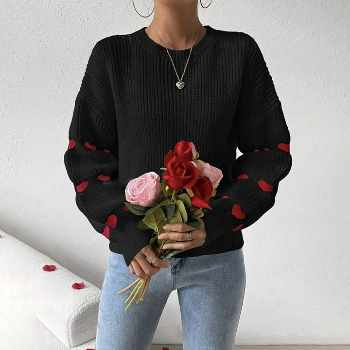 Heart Jumper Womens Ribbed Knit Crew Neck Flared Cuffs - image 1