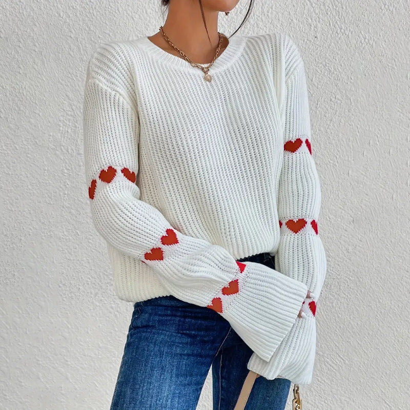 Heart Jumper Womens Ribbed Knit Crew Neck Flared Cuffs - image 2