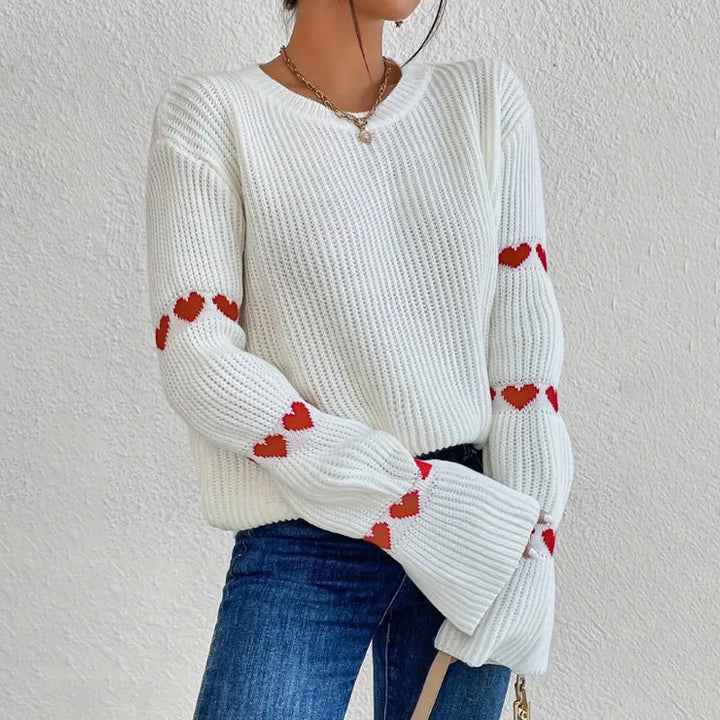 Heart Jumper Womens Ribbed Knit Crew Neck Flared Cuffs - image 2