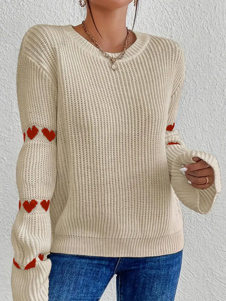 Heart Jumper Womens Ribbed Knit Crew Neck Flared Cuffs - image 4