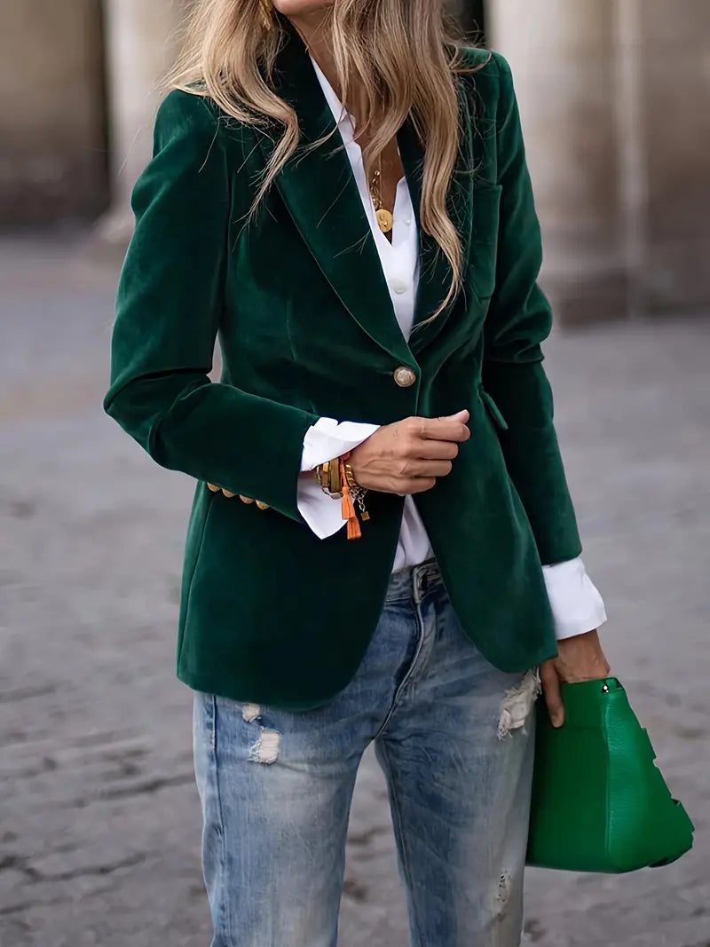 Velvet Blazer Womens Fitted Single Breasted Notch Lapel Gold Button - image 2