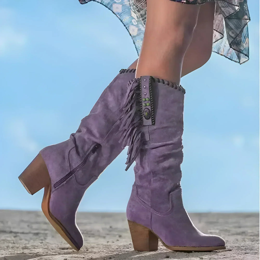Fringe Cowboy Boots Womens Knee High Western Block Heel Side Zip - image 2