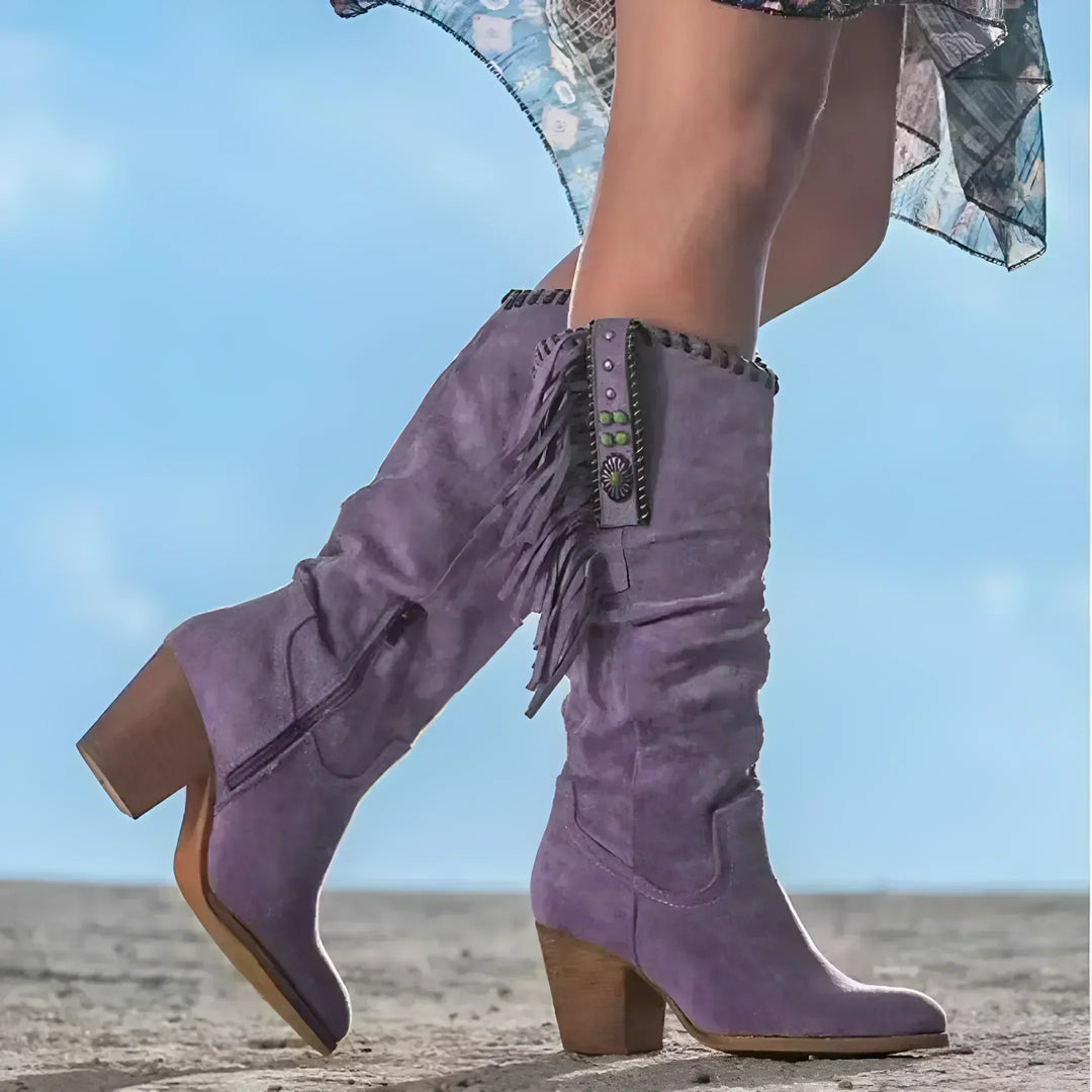 Fringe Cowboy Boots Womens Knee High Western Block Heel Side Zip - image 2