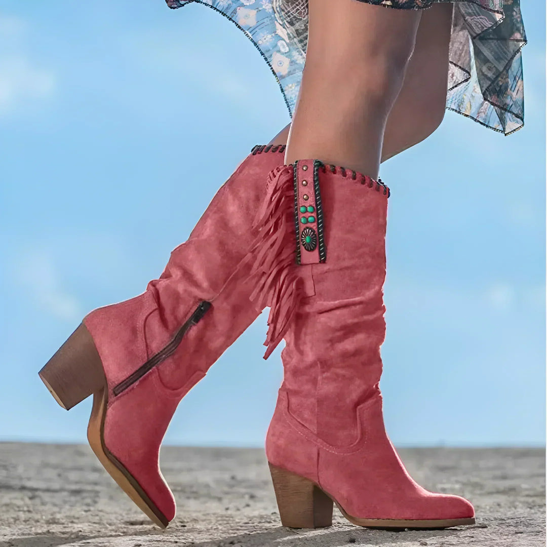 Fringe Cowboy Boots Womens Knee High Western Block Heel Side Zip - image 4