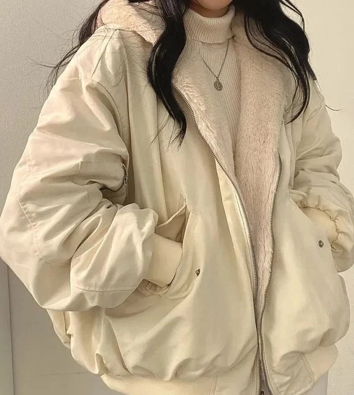 Reversible Bomber Jacket Womens Faux Fur Hooded Oversized Balloon Sleeves - image 1