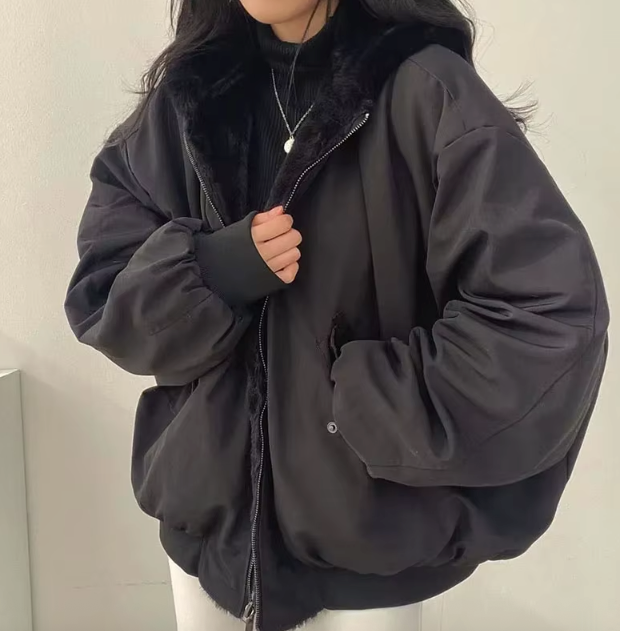 Reversible Bomber Jacket Womens Faux Fur Hooded Oversized Balloon Sleeves - image 2
